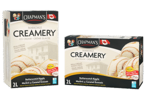 Two boxes of Chapman's Markdale Creamery Butterscotch Ripple ice cream, circa 2023, side by side on a white background.